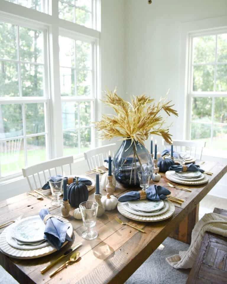 Blue and Gold Fall Tablescape