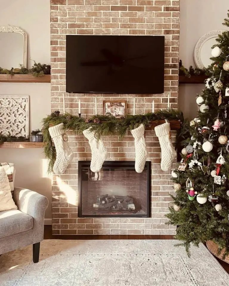 Christmas Decor on Brick Fireplace