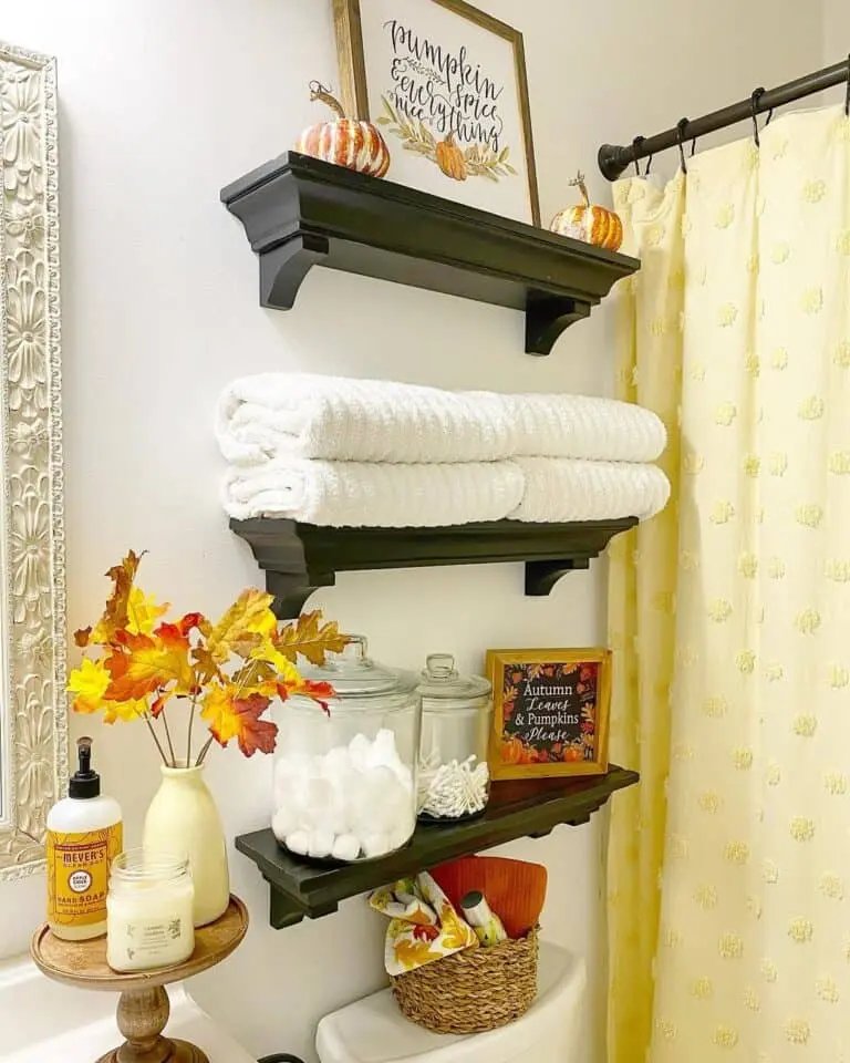 Fall Bathroom with Black Shelves