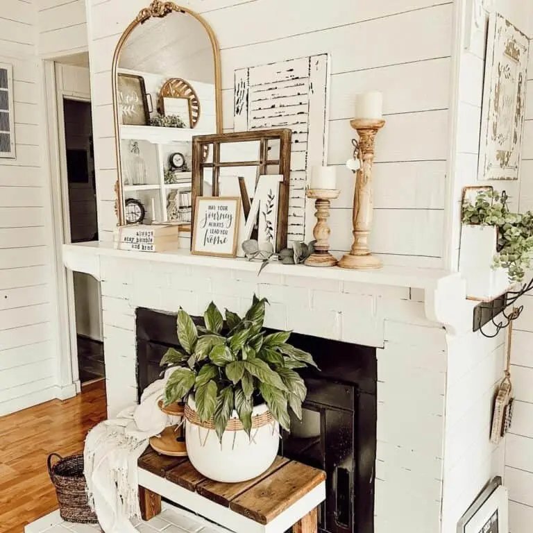 Neutral and Wood Mantel Decor
