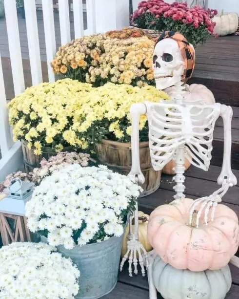Skeleton Decor with Fall Flowers