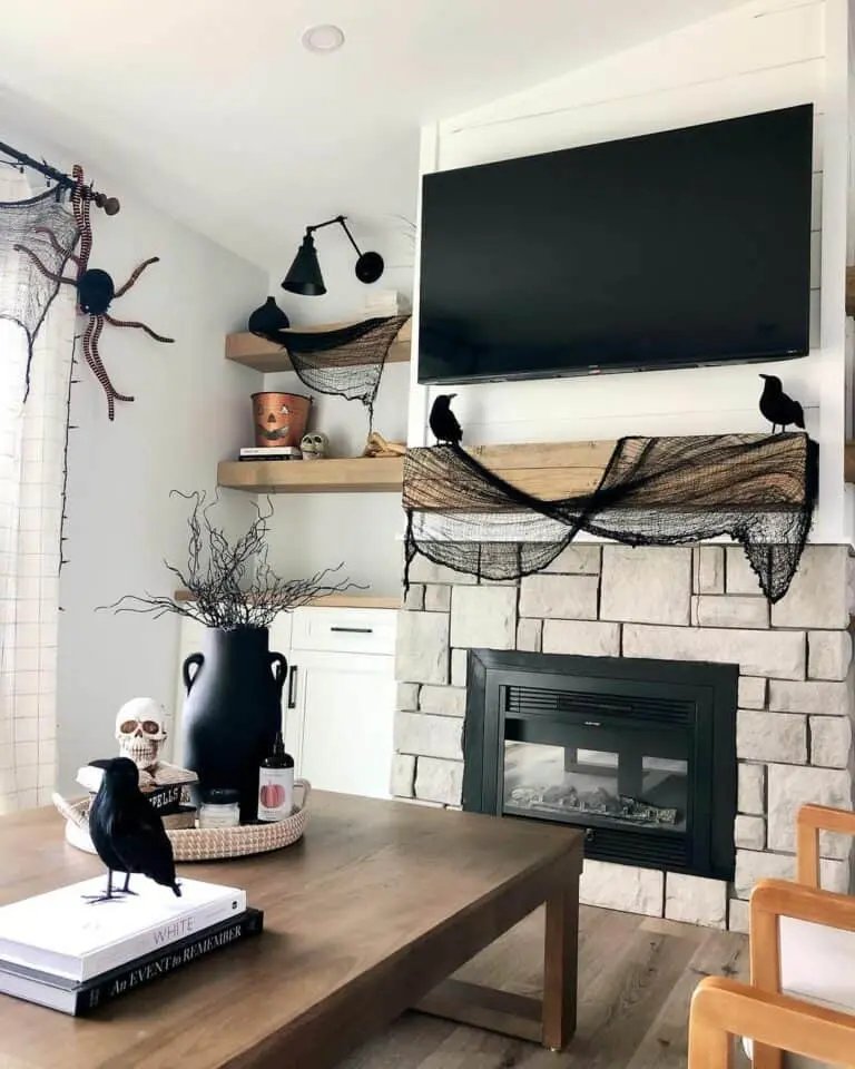 White Living Room with Black Halloween Décor