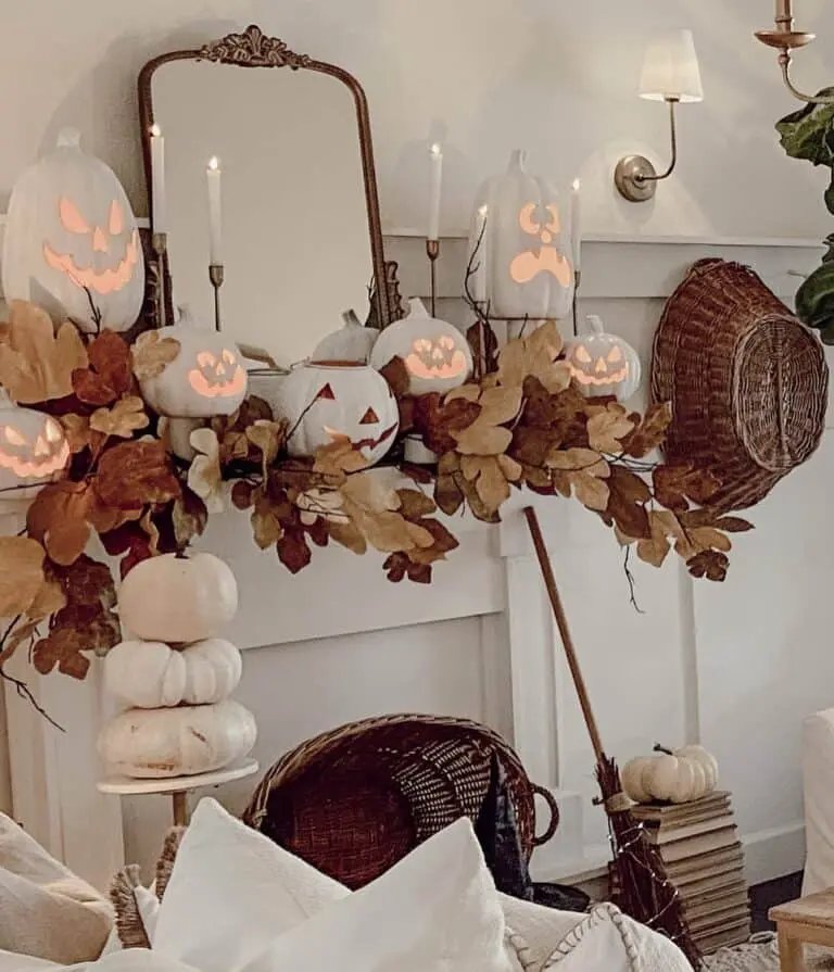 White Pumpkin Fireplace Decor