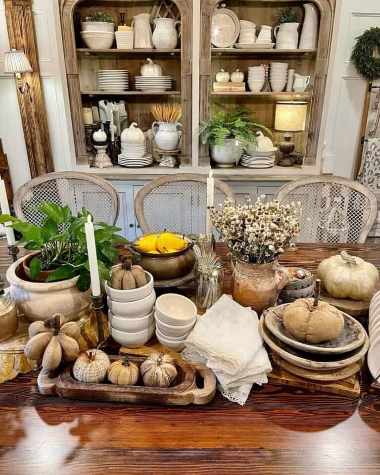 Wood Table with Tan Pumpkins