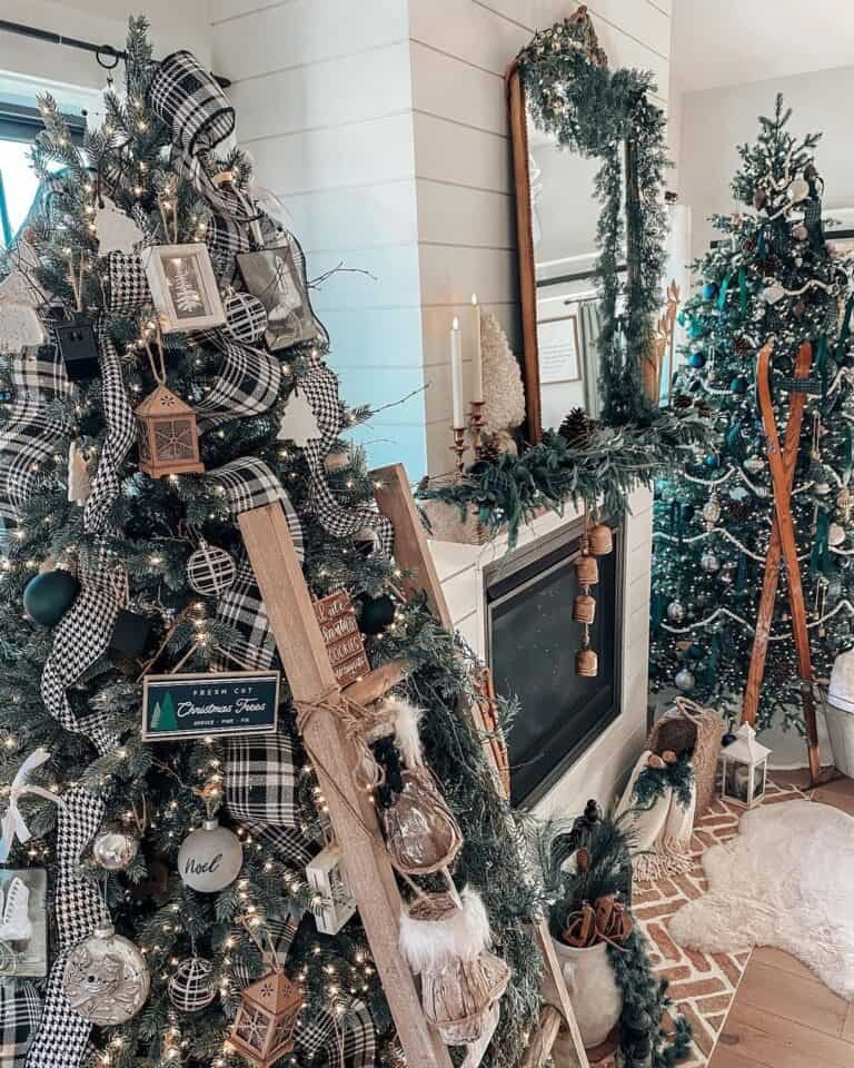 Dual Trees Flanking Fireplace