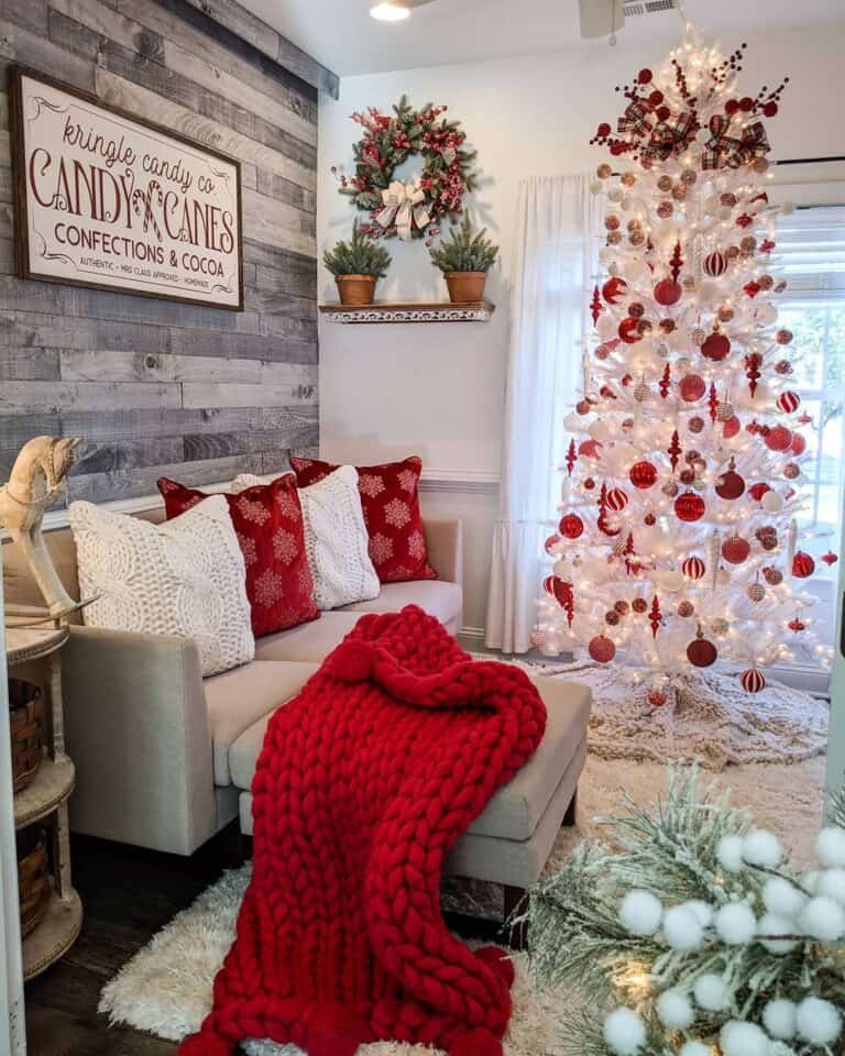 White Tree Red Ornaments