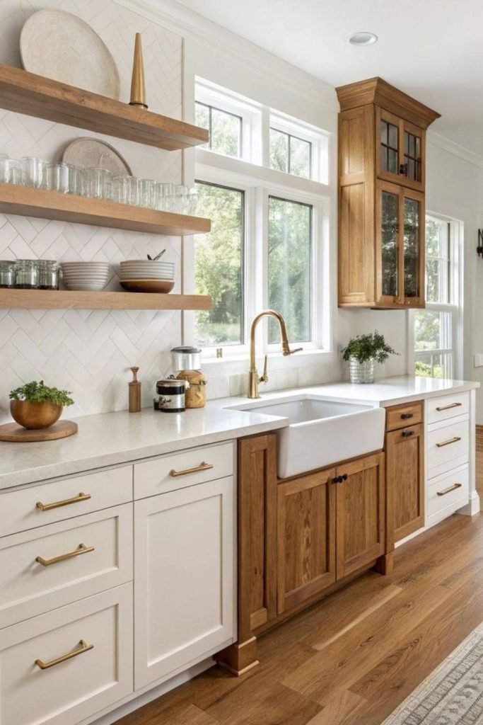 Cream Cabinets Stone Wall