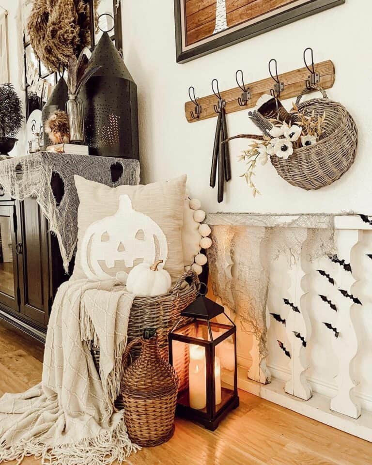 Black lantern with rattan basket