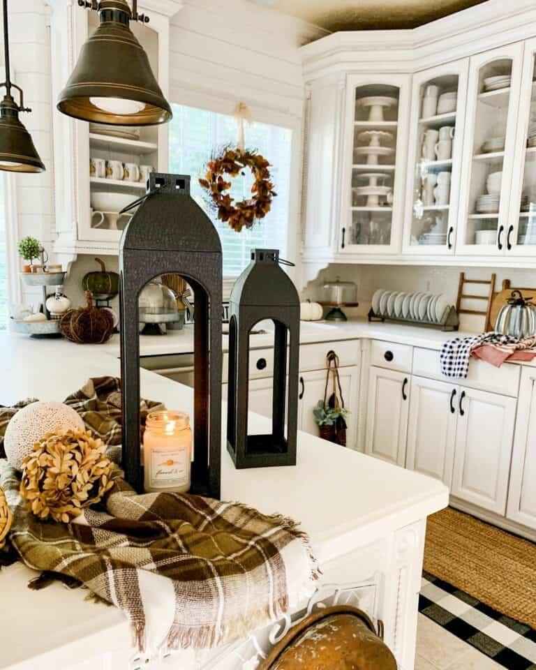 Black Lanterns on Farmhouse Kitchen Island