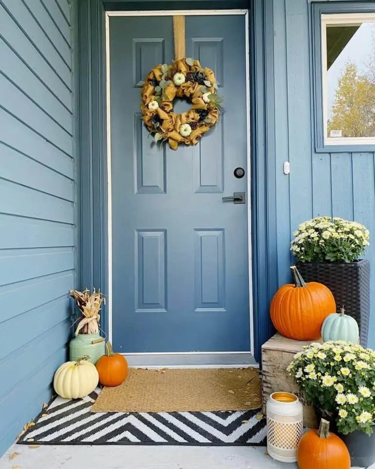 Blue Porch with Pumpkins and Wreath