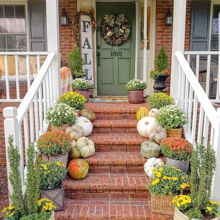 Brick Exterior with Mums and Pumpkins