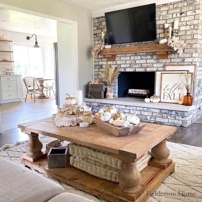 Brick Fireplace with Wood Accents