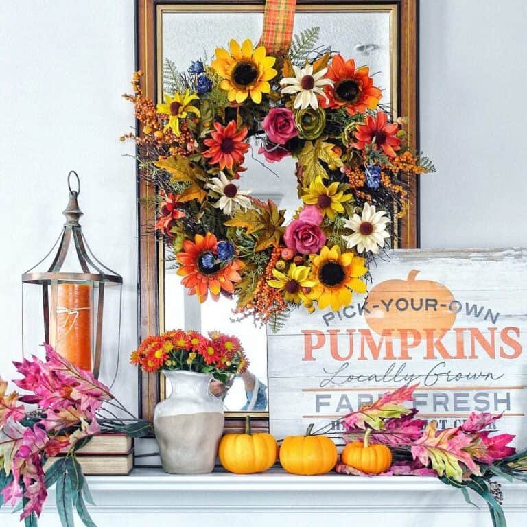 Colorful floral mantel with pumpkins