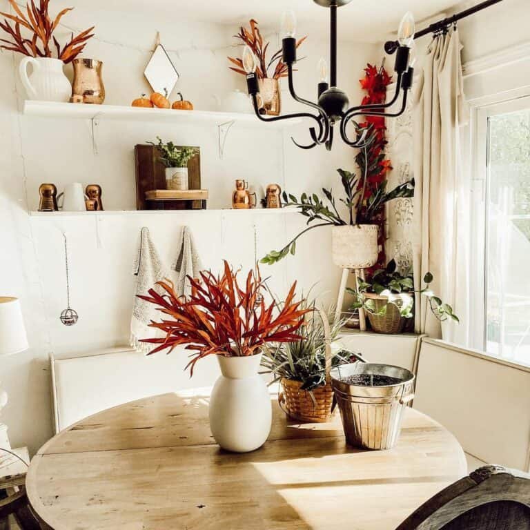 Copper accents on natural shelves