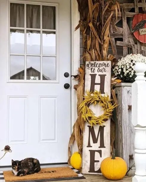 Cornstalks and handmade sign