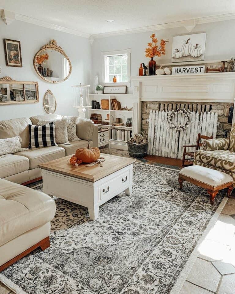 Cream sofa, fenced fireplace