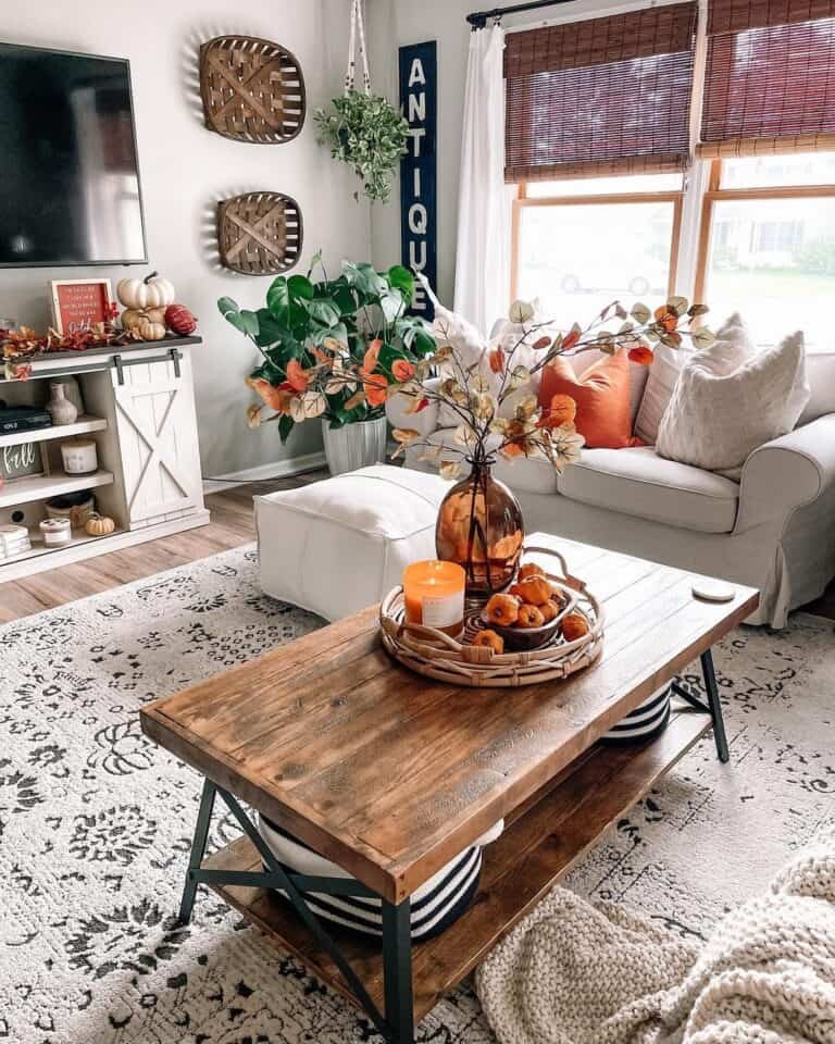 Dark Wood Coffee Table with Pumpkins