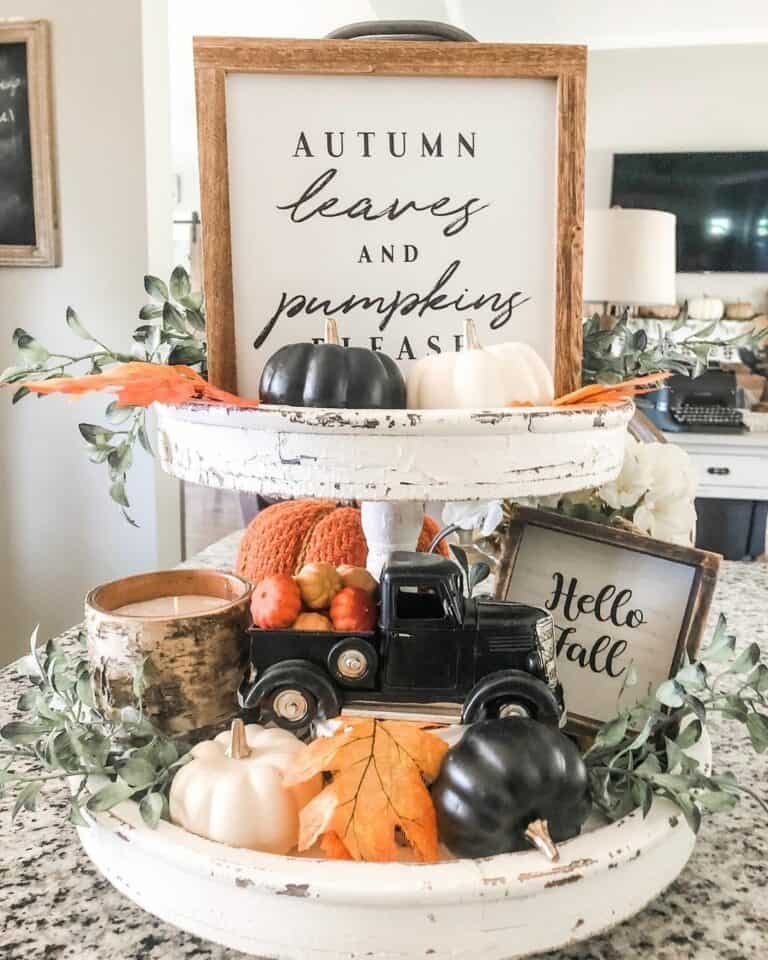 Distressed White Tray with Fall Pumpkins