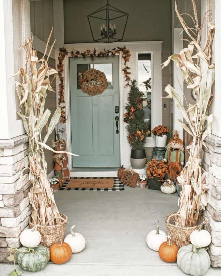 Dried Corn Stalks with Pumpkins