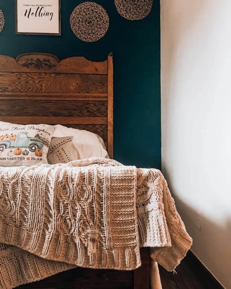 Eclectic fall bedroom with wicker and knit accents