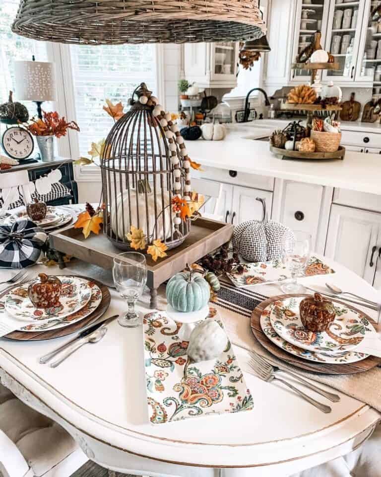 Fabric Pumpkins on Patterned Table