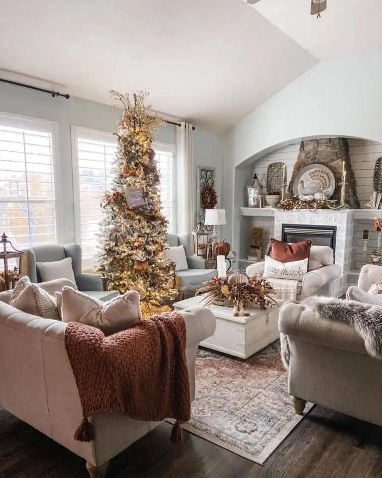 Fall and winter living room with Christmas tree