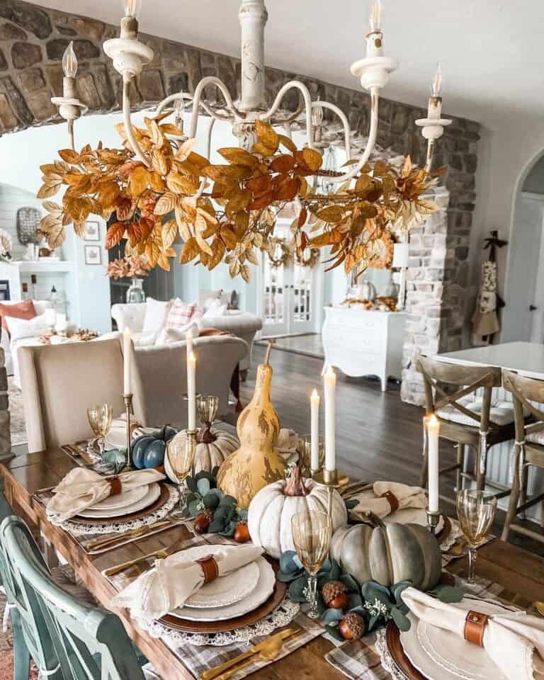 Fall chandelier and tablescapes