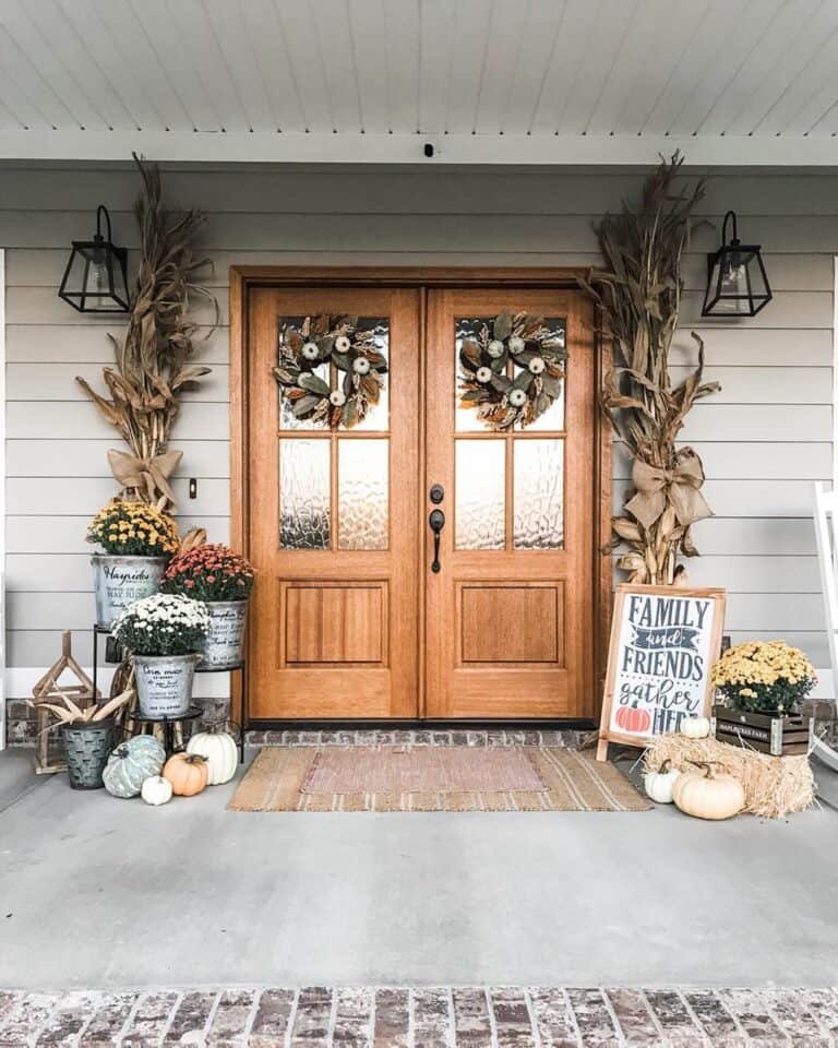 Fall wreaths and corn stalks