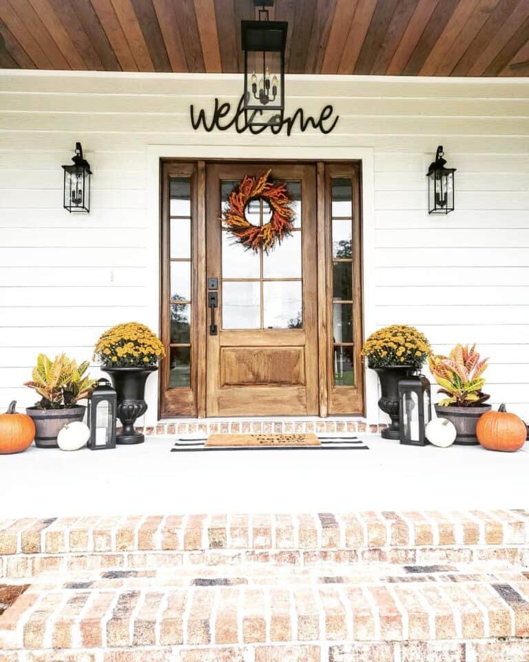 Farmhouse door with lanterns