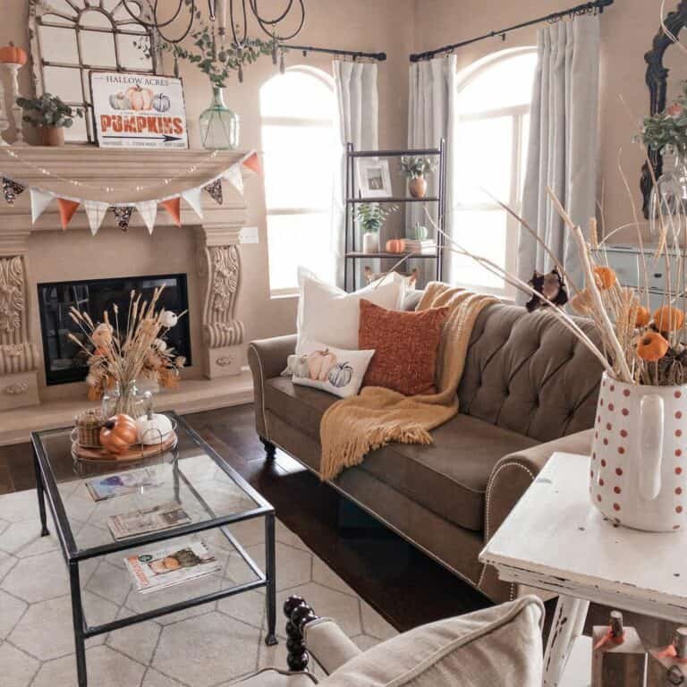 Farmhouse mantel with pumpkins
