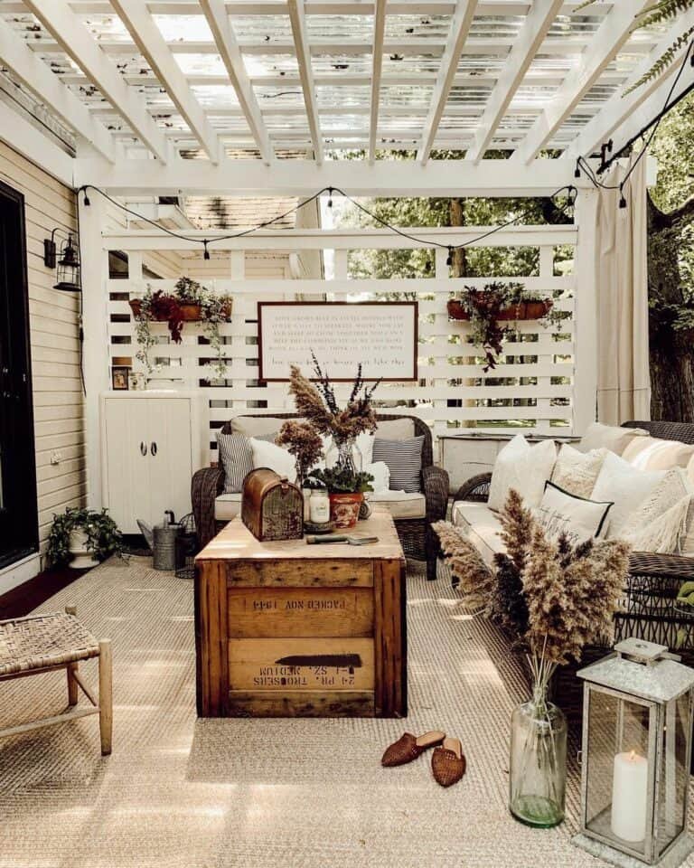 Farmhouse patio with fall lanterns