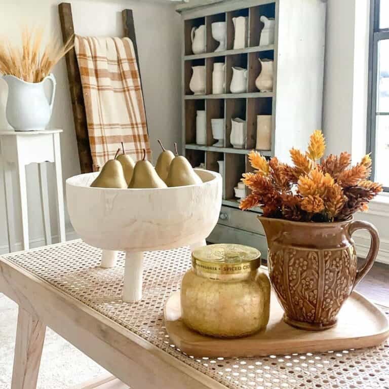 Farmhouse side table with pears and dried grasses