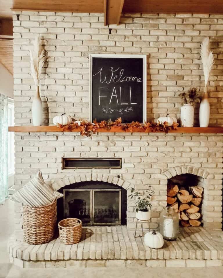 Gray Brick Fireplace with Chalkboard Frame