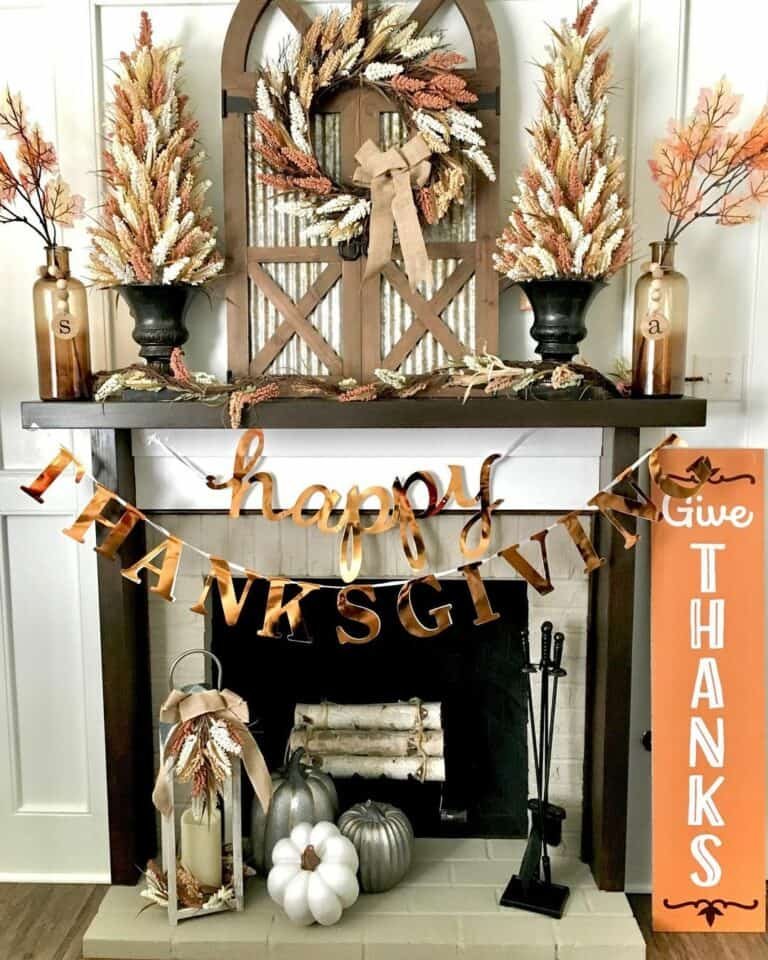 Gray Brick Fireplace with Gold Garland