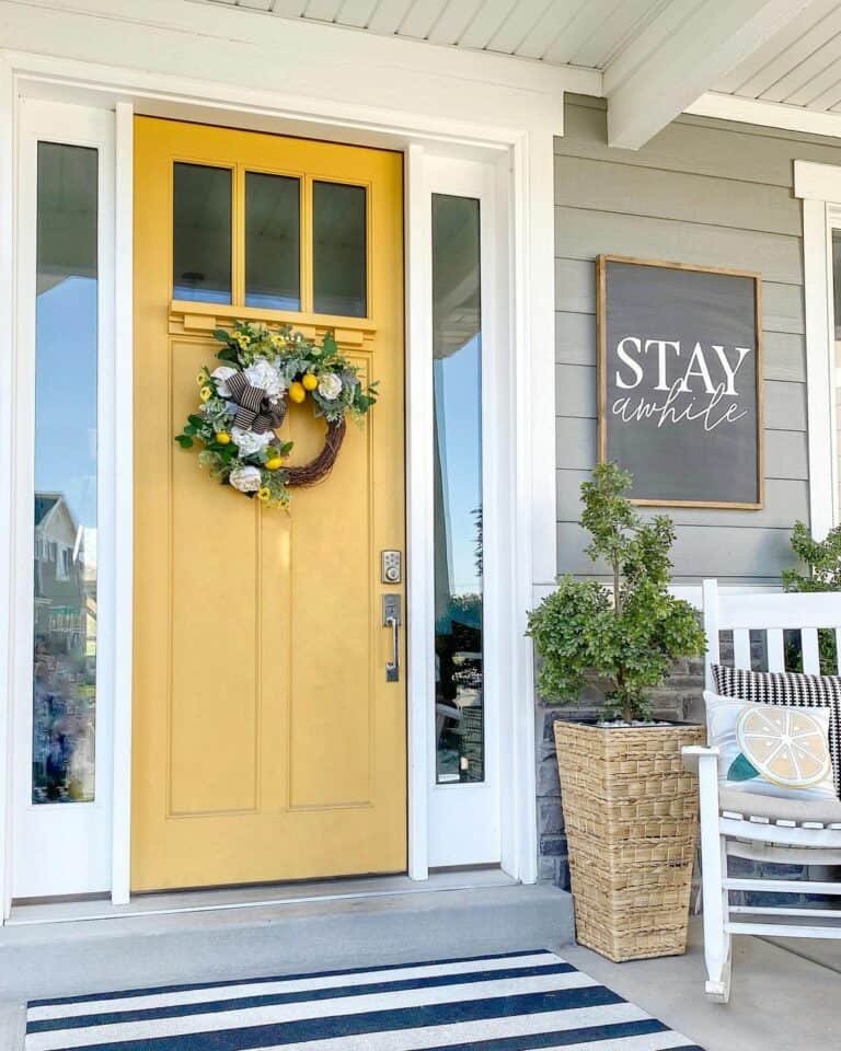 Harvest wreath on mustard door