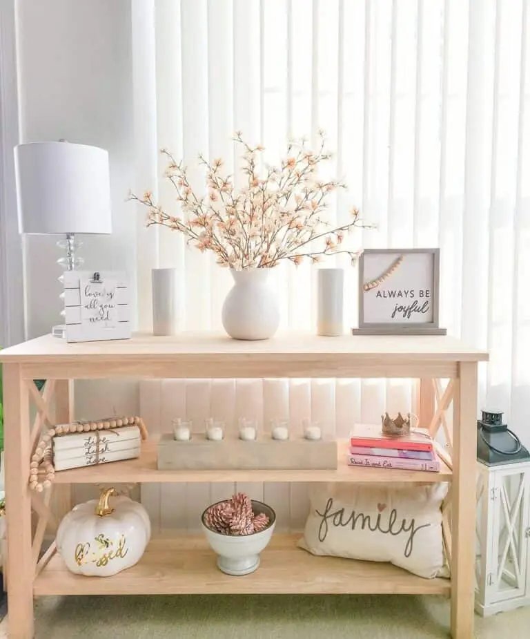 Inspirational words on light wood console