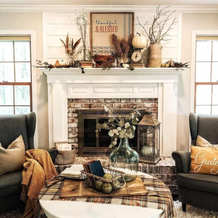 Limewashed brick fireplace autumn style