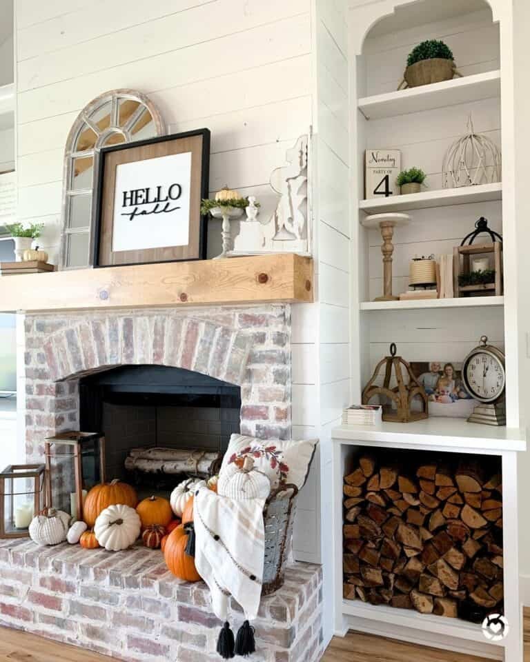 Limewashed Brick with Fall Pumpkins