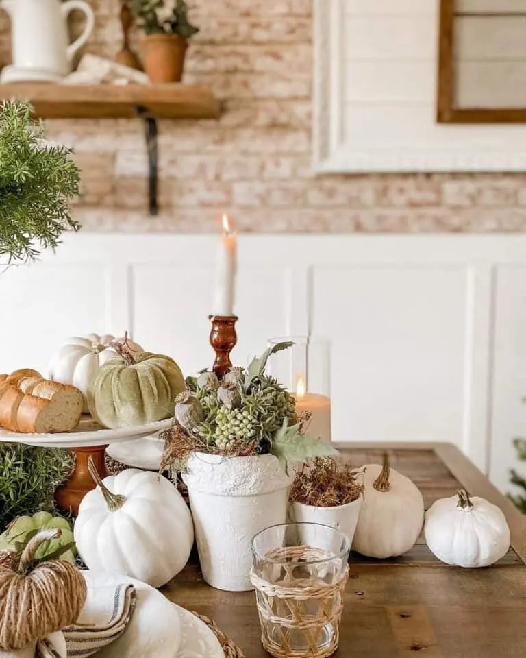 Natural pumpkin centerpiece on wood table