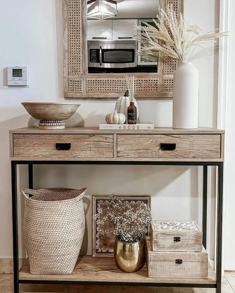 Open shelf with wood and brass accents