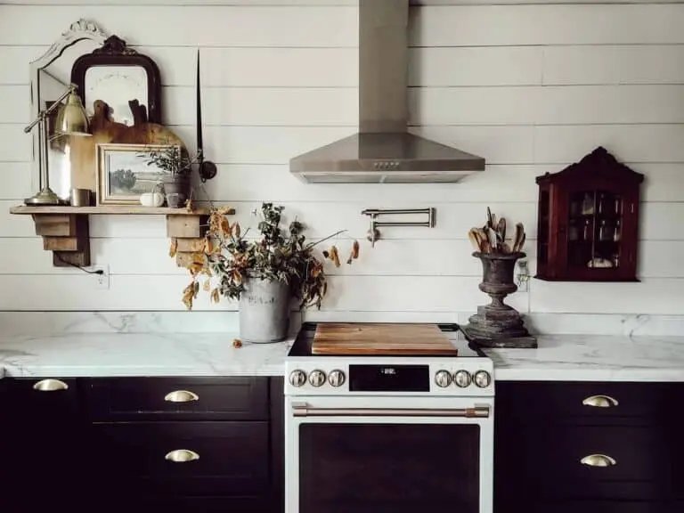 Open shelves, white shiplap wall