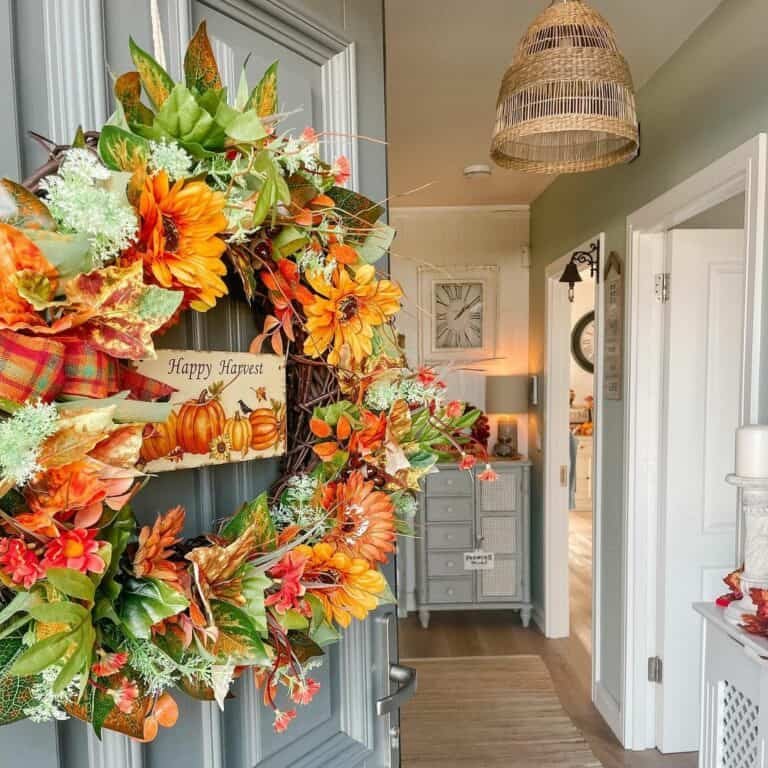Orange green wreath on gray door