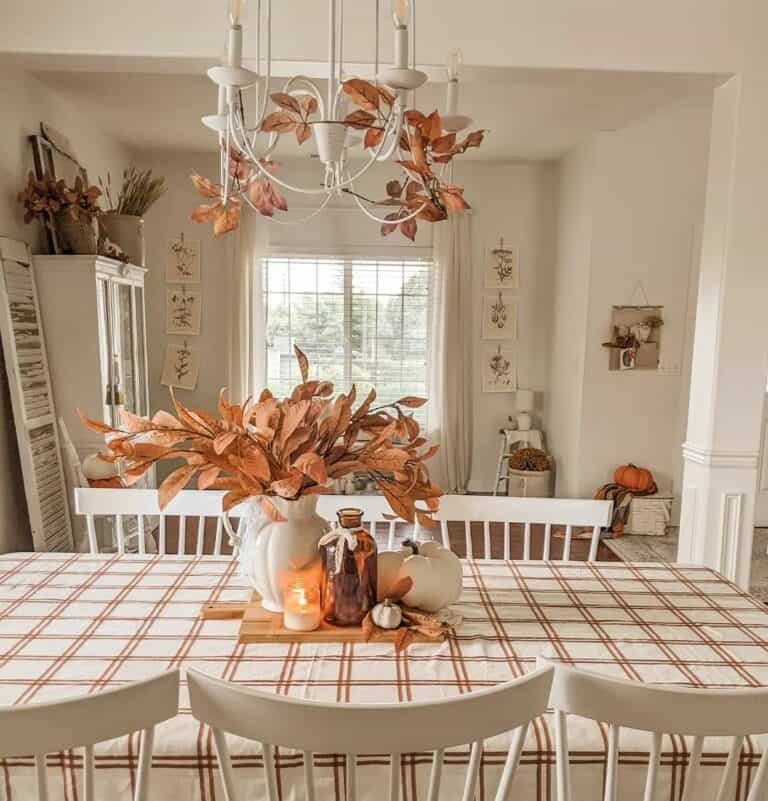 Orange plaid table with fall leaves