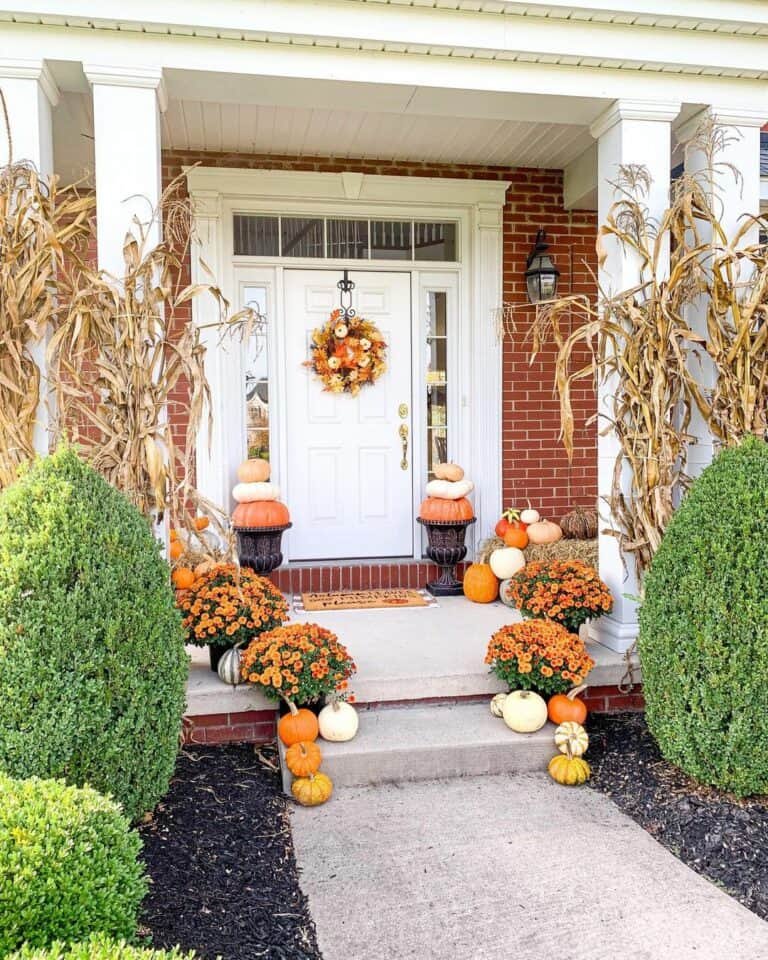 Orange pumpkins and flowers