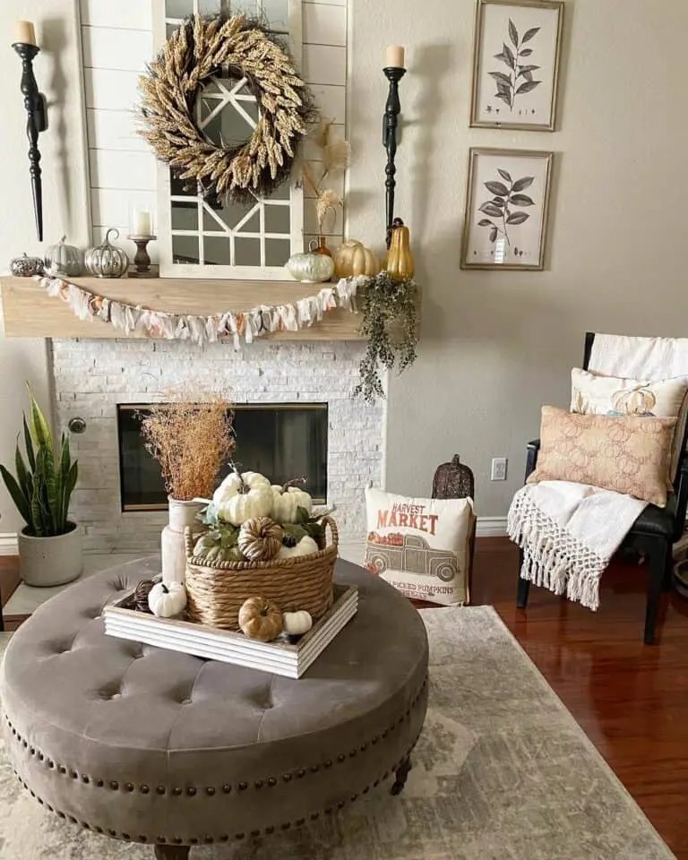 Oversized tufted ottoman with pumpkins