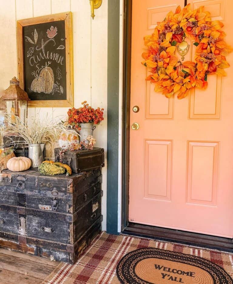 Pale orange door with autumn wreath