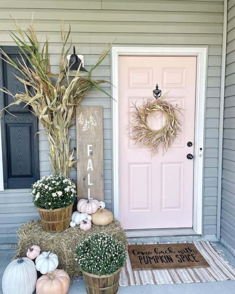 Pale Pink Door with Dried Grass Wreath
