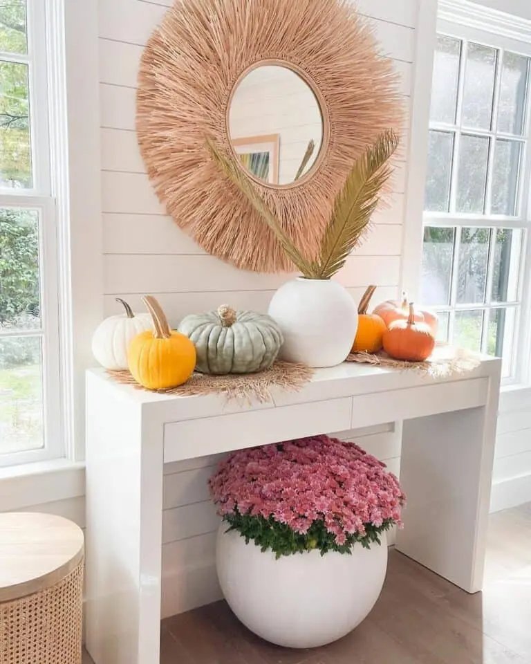 Pink flowers and gourds