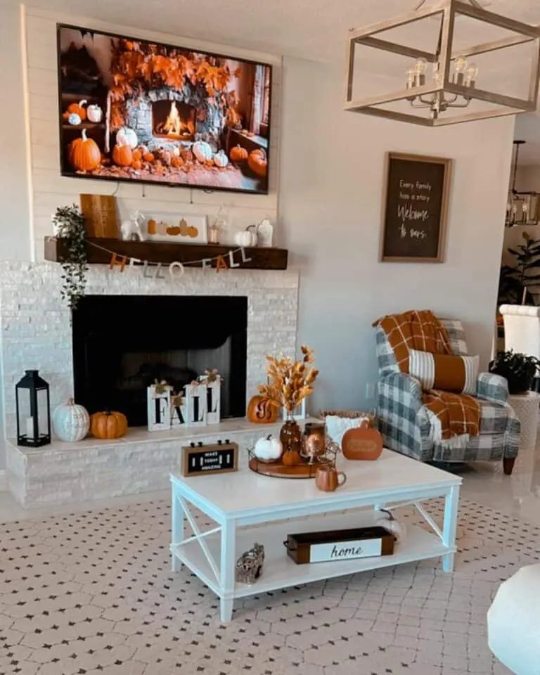 Plaid Chair by Fireplace