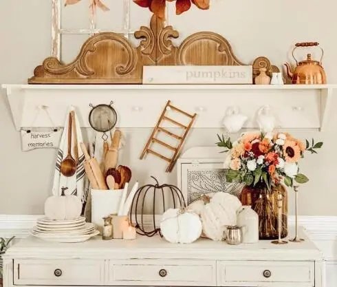 Pumpkins, florals, wood accents